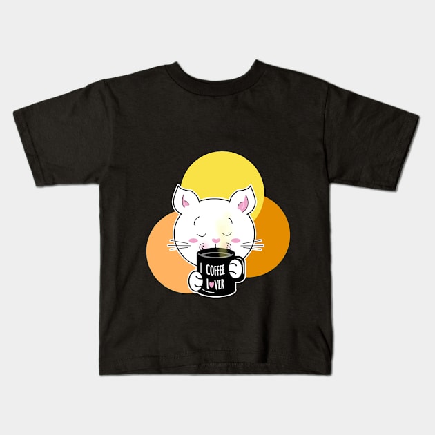 White cat drinking coffee lover Kids T-Shirt by repalheiros